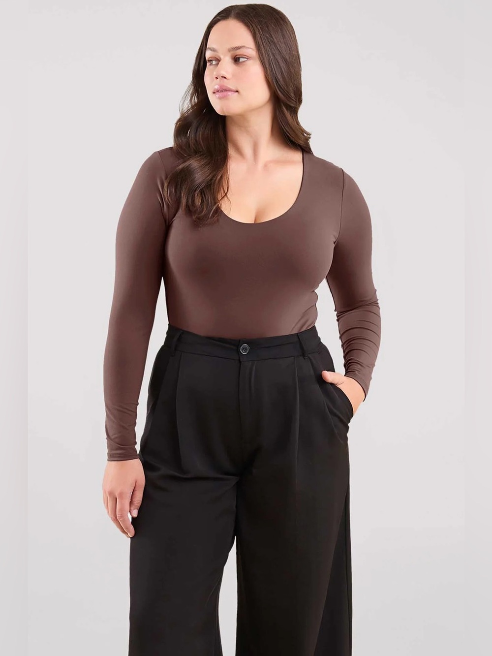 Nuuds Long Sleeve Scoop Neck Bodysuit Coffee Brown XXXL